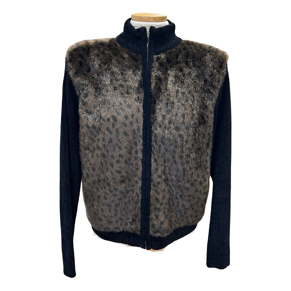 Lisa International Faux Leopard Fur Chenille Sweater Jacket,  Size Medium